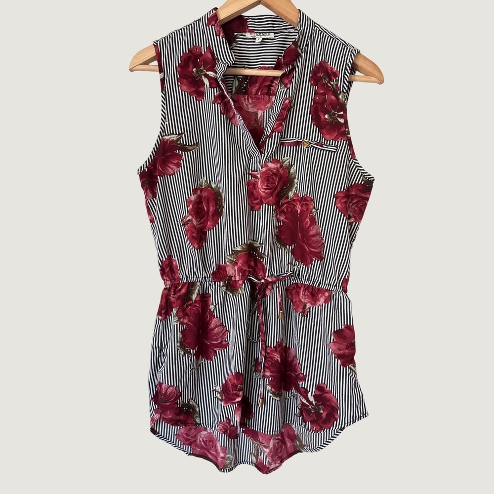 Mileage Womens Red Floral Striped Sleeveless Tunic Top Elastic Waist Large